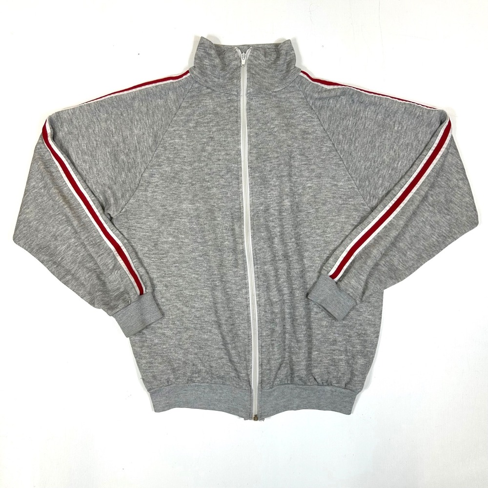 Vintage Made in USA Gray Track Jacket Red White Racing Stripe Large Full Zip